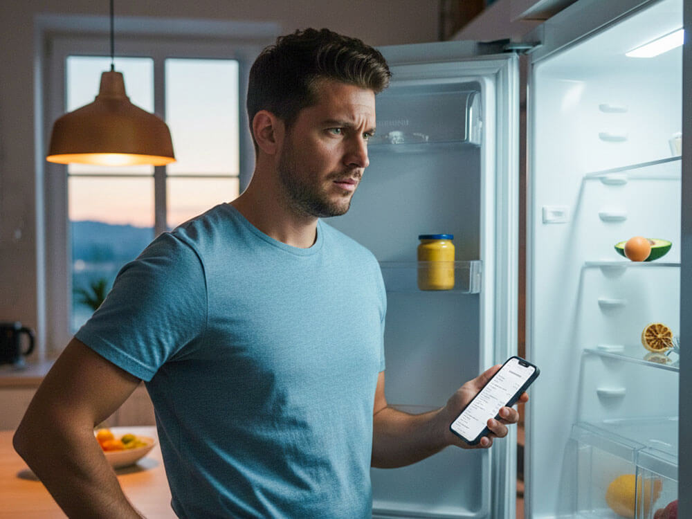 Mann schaut in leeren Kühlschrank und prüft digitale Einkaufsliste auf dem Smartphone – nie wieder fehlende Zutaten