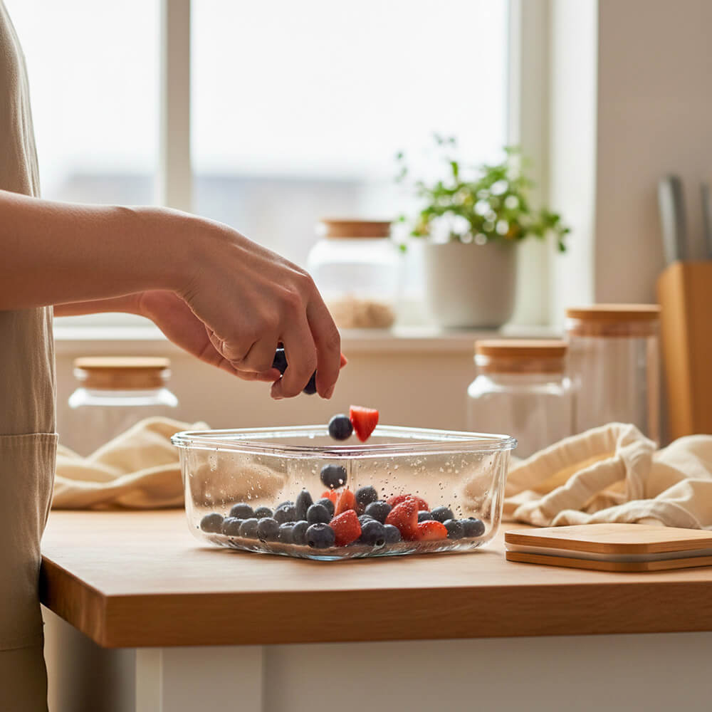 Frische Beeren werden in eine Glasdose mit Holzdeckel gefüllt als plastikfreie Alternative zu Gefrierbeuteln.