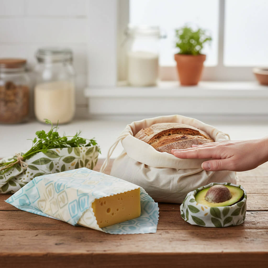 Käse in Bienenwachspapier und Brot im Stoffbeutel als umweltfreundliche Verpackung in der Küche.