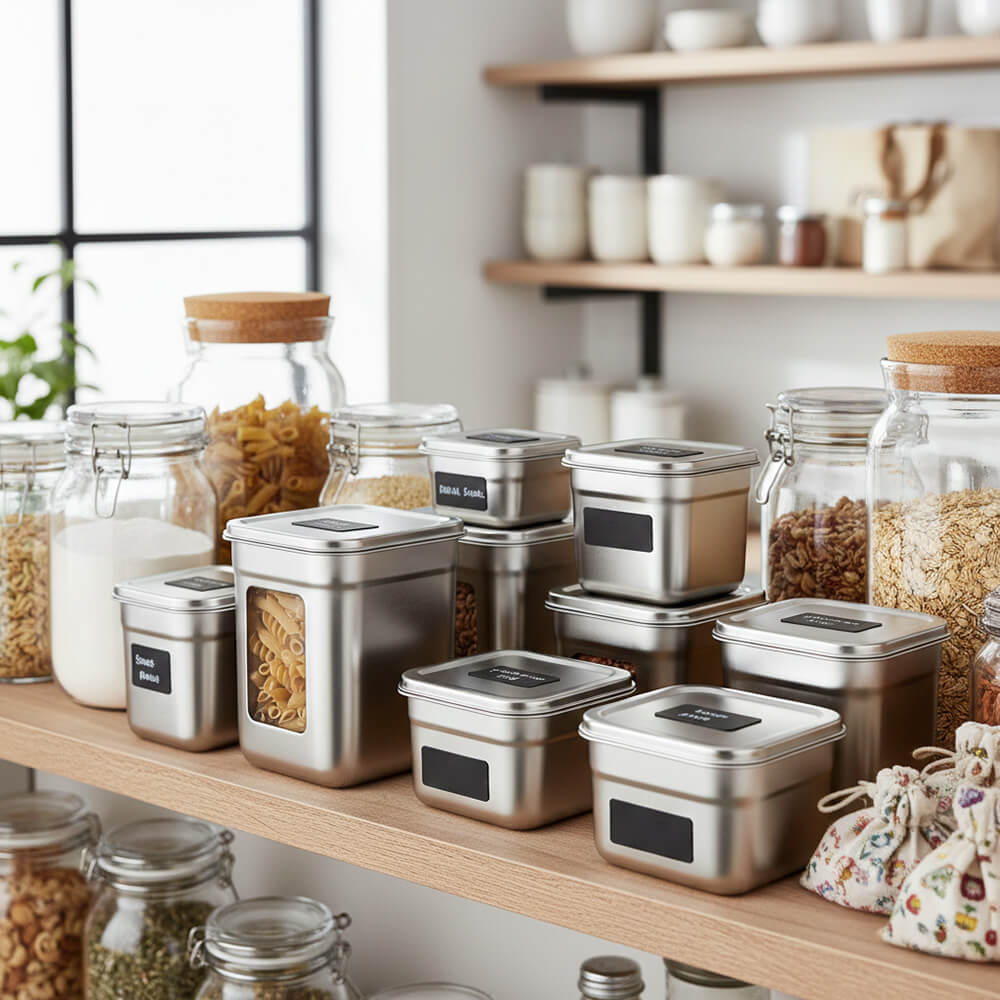 Vorratshaltung in Edelstahl-Dosen und Vorratsgläsern im Küchenregal für nachhaltige Aufbewahrung trockener Lebensmittel.