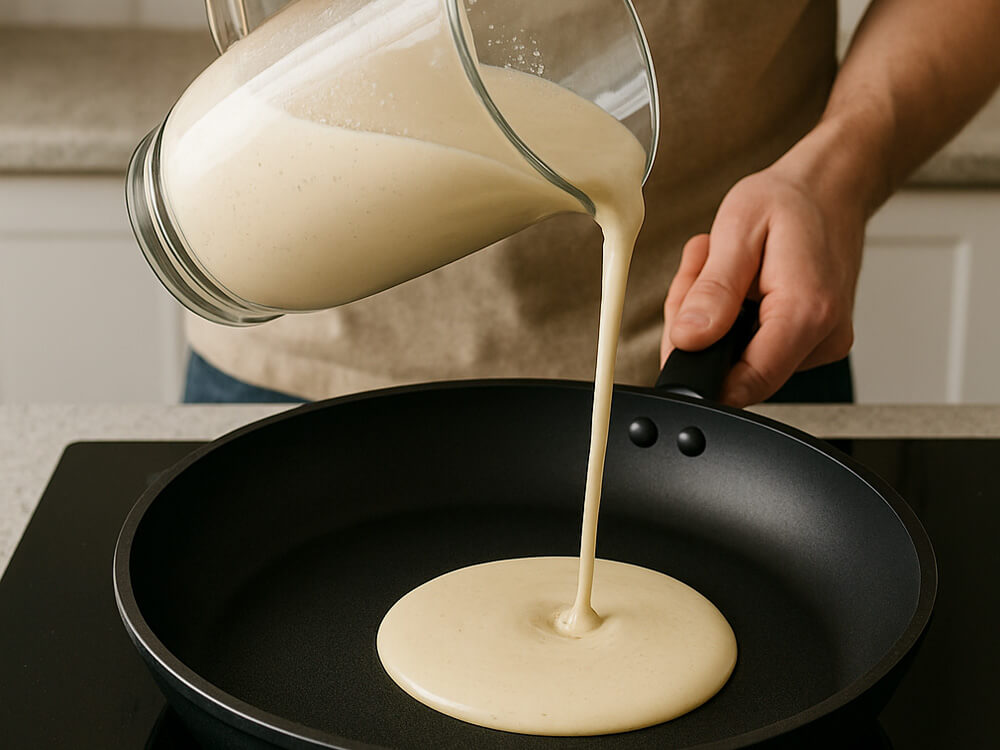 Pfannkuchenteig aus Messkanne sauber in die Pfanne gießen