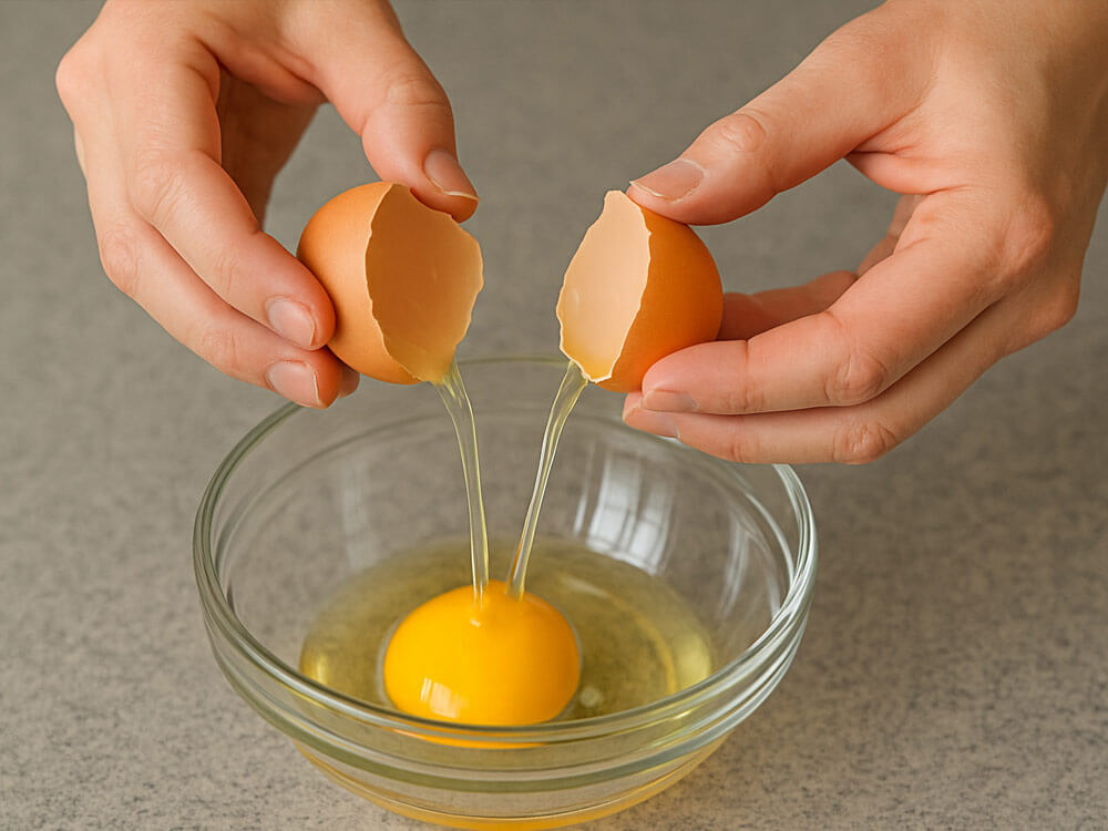 Frische Eier werden über einer Glasschale aufgeschlagen – ideal für pochierte Eier oder andere Eierspeisen.