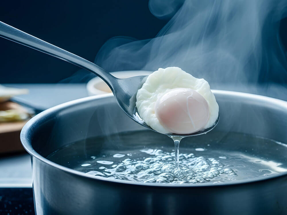 Ein perfekt pochiertes Ei wird aus kochendem Wasser gehoben – Schritt für Schritt zur idealen Konsistenz.