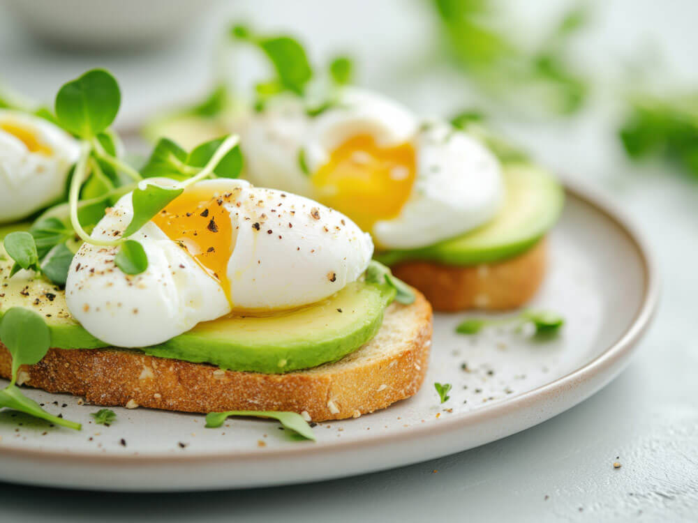 Pochierte Eier auf Avocado-Toast mit Pfeffer & Kresse – ein einfaches, nahrhaftes Frühstück für Genießer.