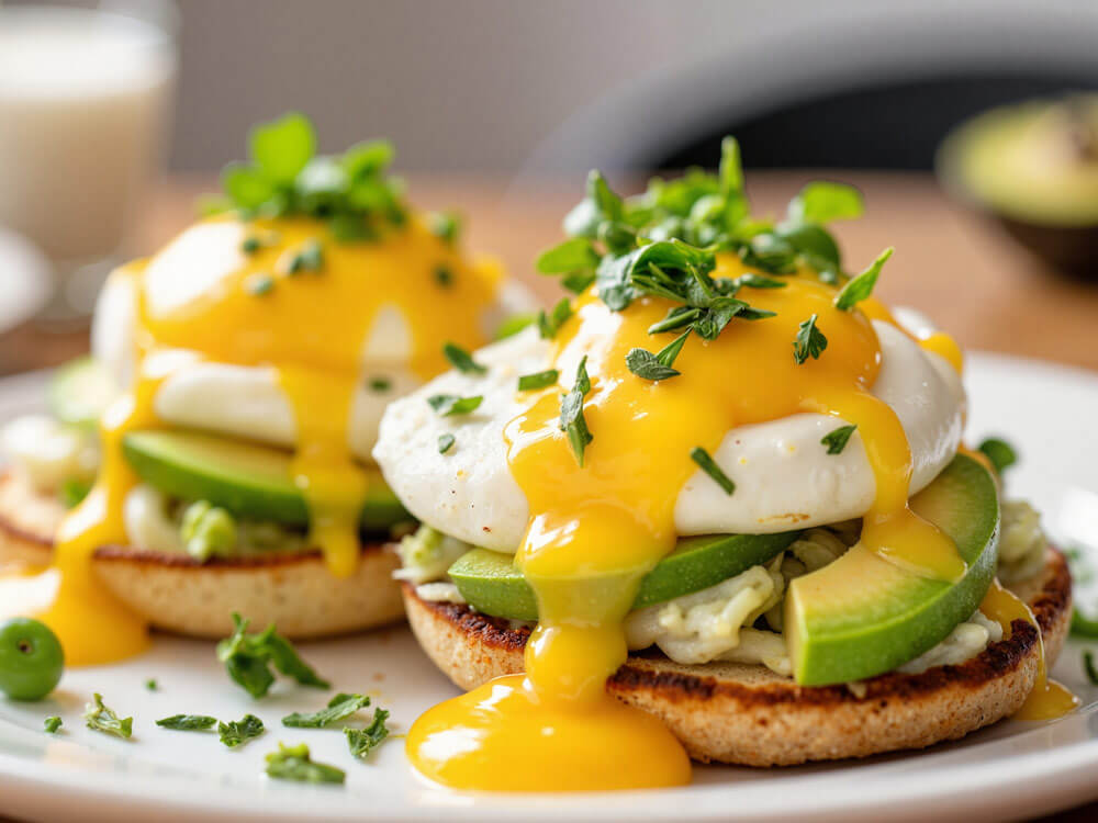 Perfekt pochierte Eier auf Toast mit Avocado & cremiger Sauce Hollandaise – ein Genuss für Brunch & Frühstück.