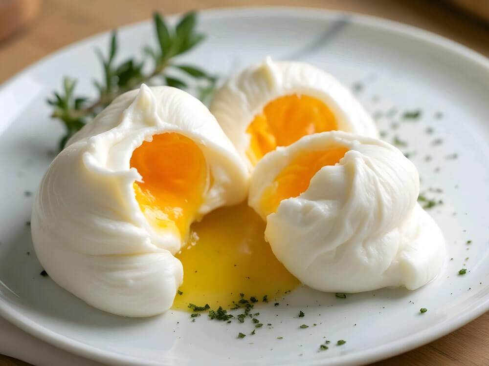 Drei perfekt pochierte Eier mit flüssigem Eigelb und frischer Petersilie auf weißem Teller.