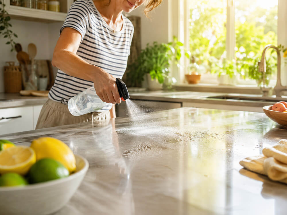 Person reinigt eine Küchenarbeitsplatte mit einem Tuch