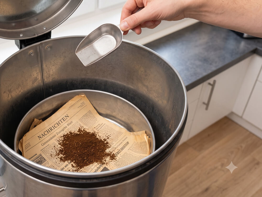 Kaffeesatz und Pulver werden über einem Küchenabfallbehälter entsorgt