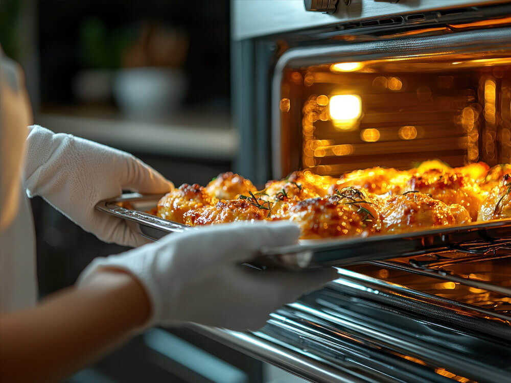Hände mit Backhandschuhen holen Blech mit gebratenem Hähnchen aus dem heißen Backofen