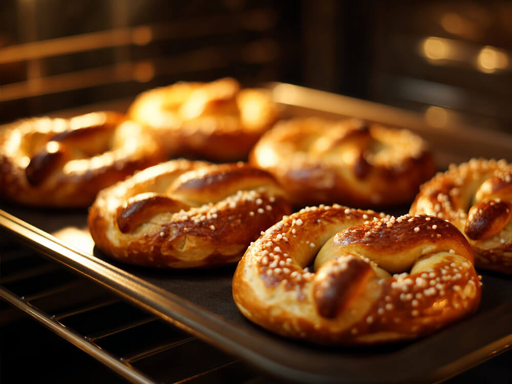 Nahaufnahme von goldbraunen Laugenbrezeln mit Salz auf Backblech im Ofen gebacken