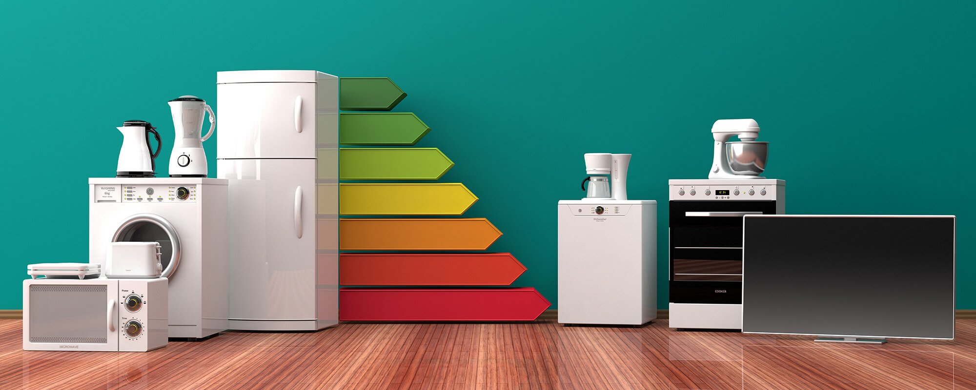 Energieeffizienz-Symbol mit Haushaltsgegenständen zum Thema Strom sparen