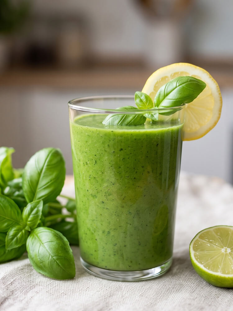 Grüner Basilikum-Drink mit frischen Kräutern in der Küche