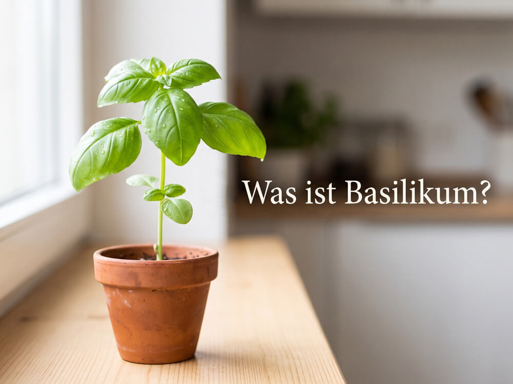 Basilikumtopf mit Hinweis zum richtigen Gießen und Pflegen