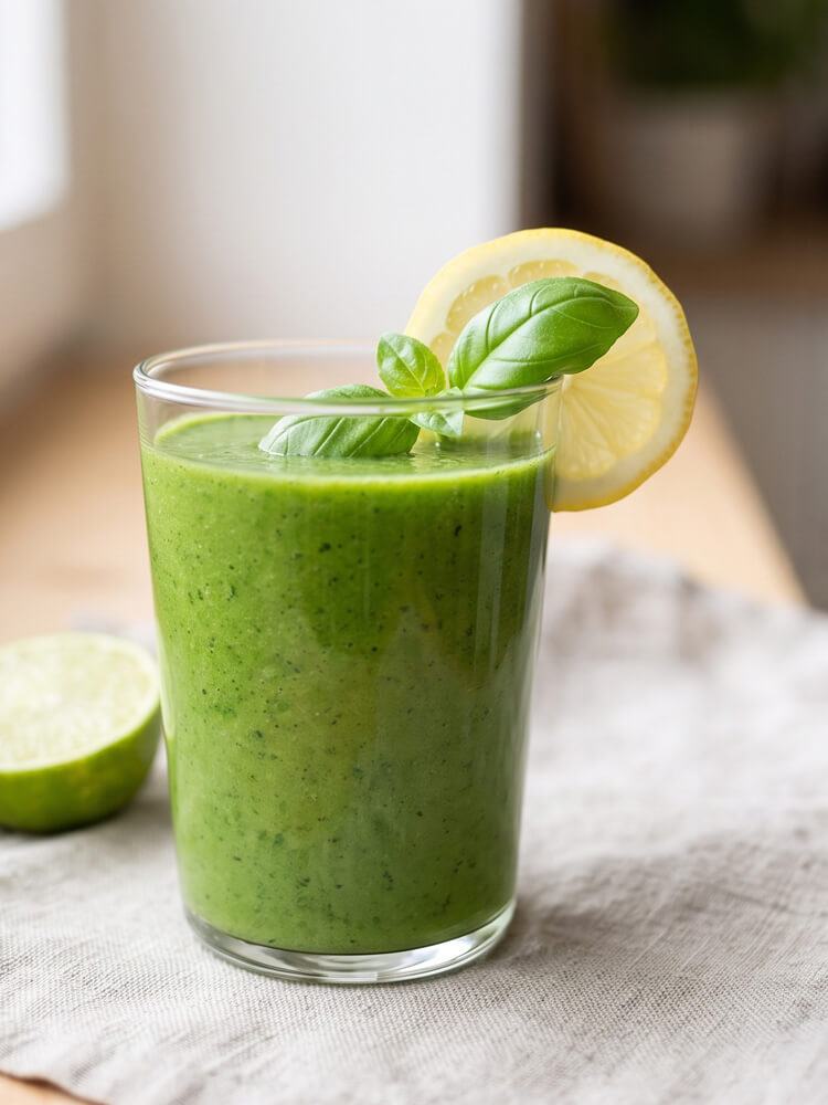 Grüner Drink mit Basilikum als frische Küchenidee
