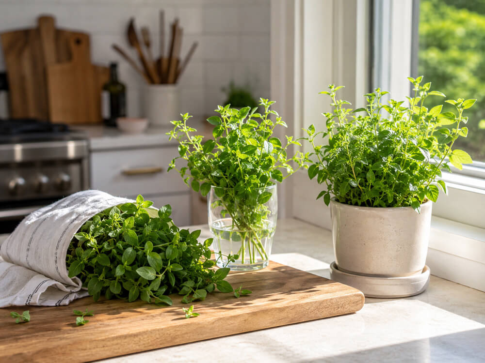 Frischer Oregano im Topf auf einer Küchenarbeitsplatte