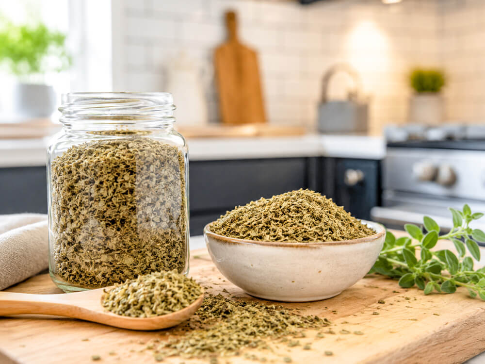 Oregano und Gewürze auf einer Küchenarbeitsplatte