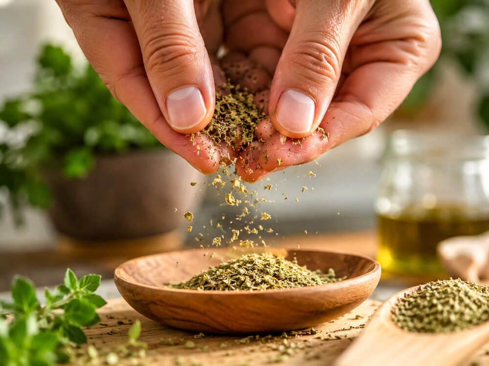 Hand streut Oregano über ein mediterranes Gericht