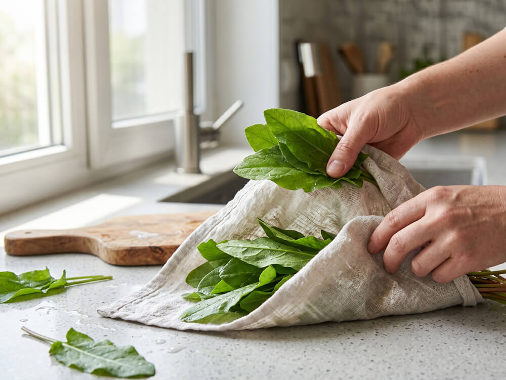 Hände bereiten Sauerampfer in der Küche vor