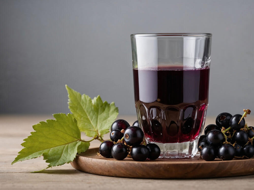 Ein Glas mit Johannisbeersaft und frischen schwarzen Beeren auf einem Holzteller. Johannisbeersaft Gesundheit.