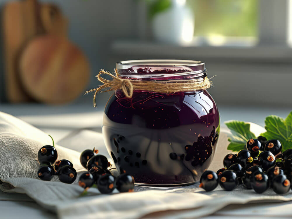 Selbstgemachte Johannisbeermarmelade im Glas auf einem Tuch. Johannisbeeren verwerten und haltbar machen.