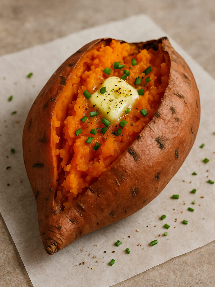 Gebackene Süßkartoffel aufgeschnitten mit Butter und Schnittlauch auf Backpapier