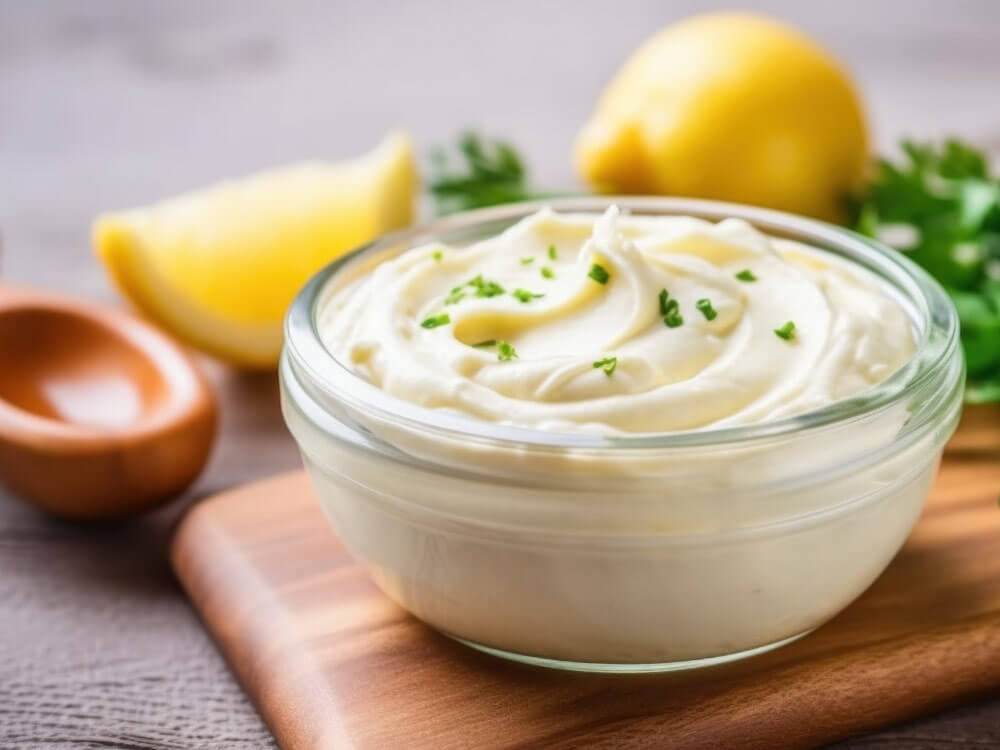 Schale mit Joghurt-Zitronen-Sauce als Dip für gebackene Süßkartoffeln