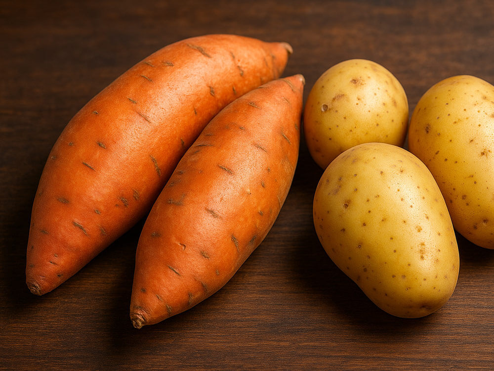 Vergleich von rohen Süßkartoffeln und gelben Kartoffeln auf dunklem Holzhintergrund