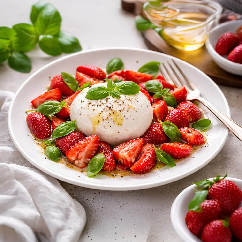 Burrata mit Erdbeeren und Basilikum auf einem Teller angerichtet