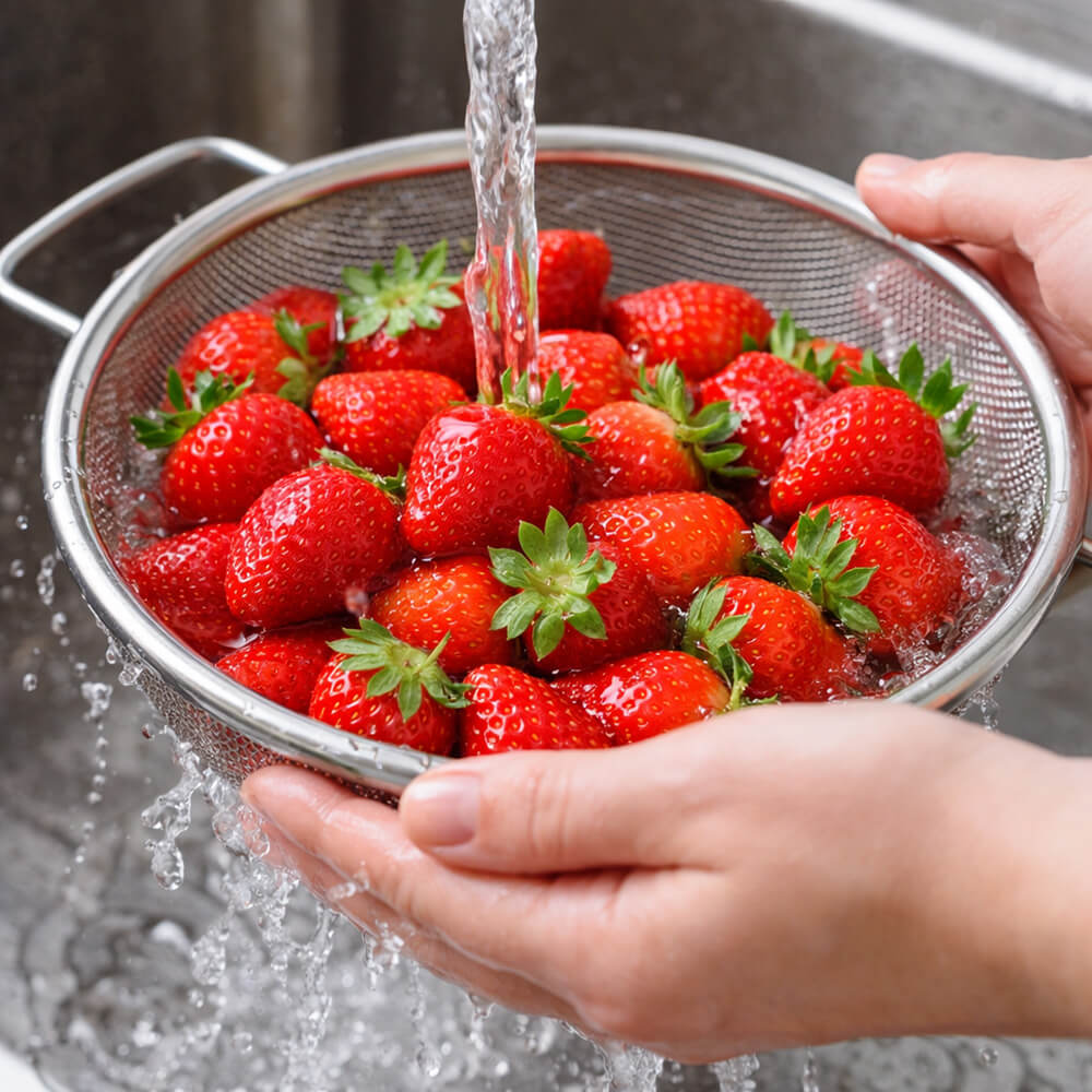 Frische Erdbeeren werden unter fließendem Wasser gewaschen