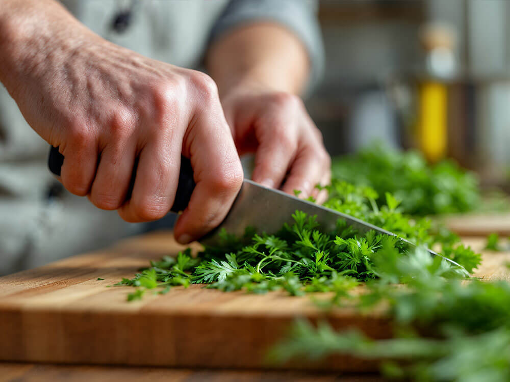 Frische glatt-Petersilie wird auf einem Schneidebrett aus Holz geschnitten