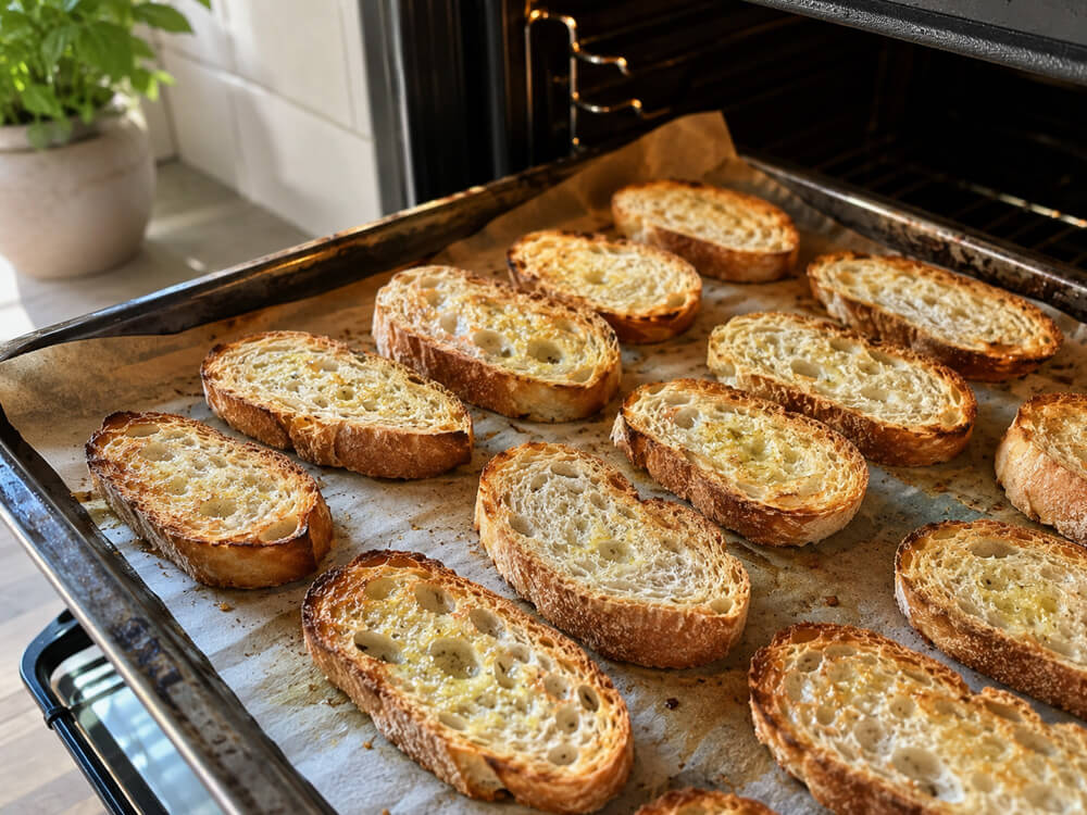 Baguettescheiben werden im Ofen zu knusprigen Crostini geröstet