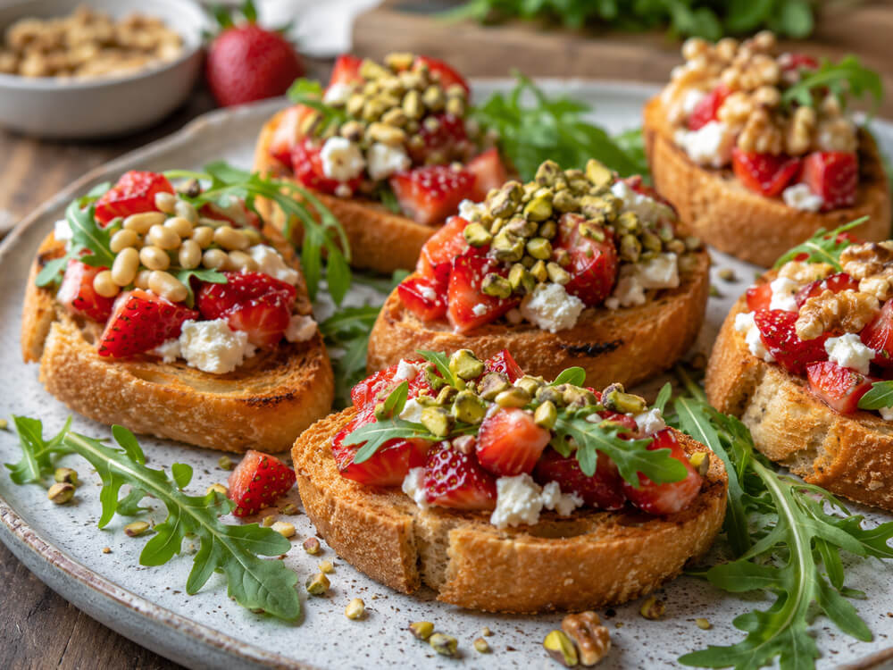 Fertige Crostini mit Erdbeeren, Feta und Basilikum auf einem Teller