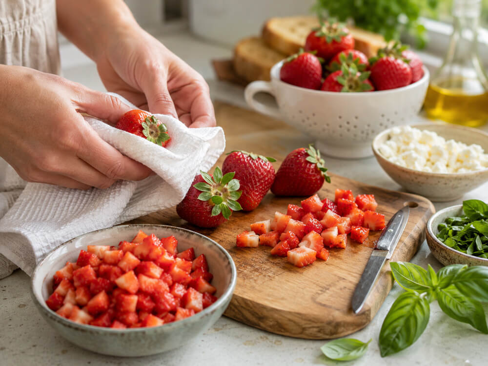Geröstete Brotscheiben werden mit Erdbeeren, Feta und Basilikum belegt