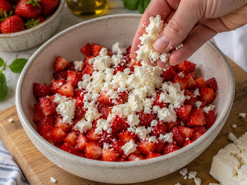 Hände vermengen gewürfelte Erdbeeren und Feta in einer Schüssel
