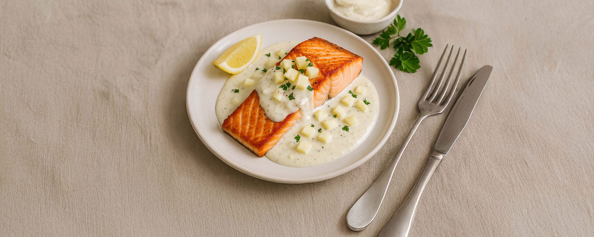 Gebratenes Lachsfilet mit cremiger Meerrettich-Sahne und Apfel – gesundes Fischrezept mit Omega-3