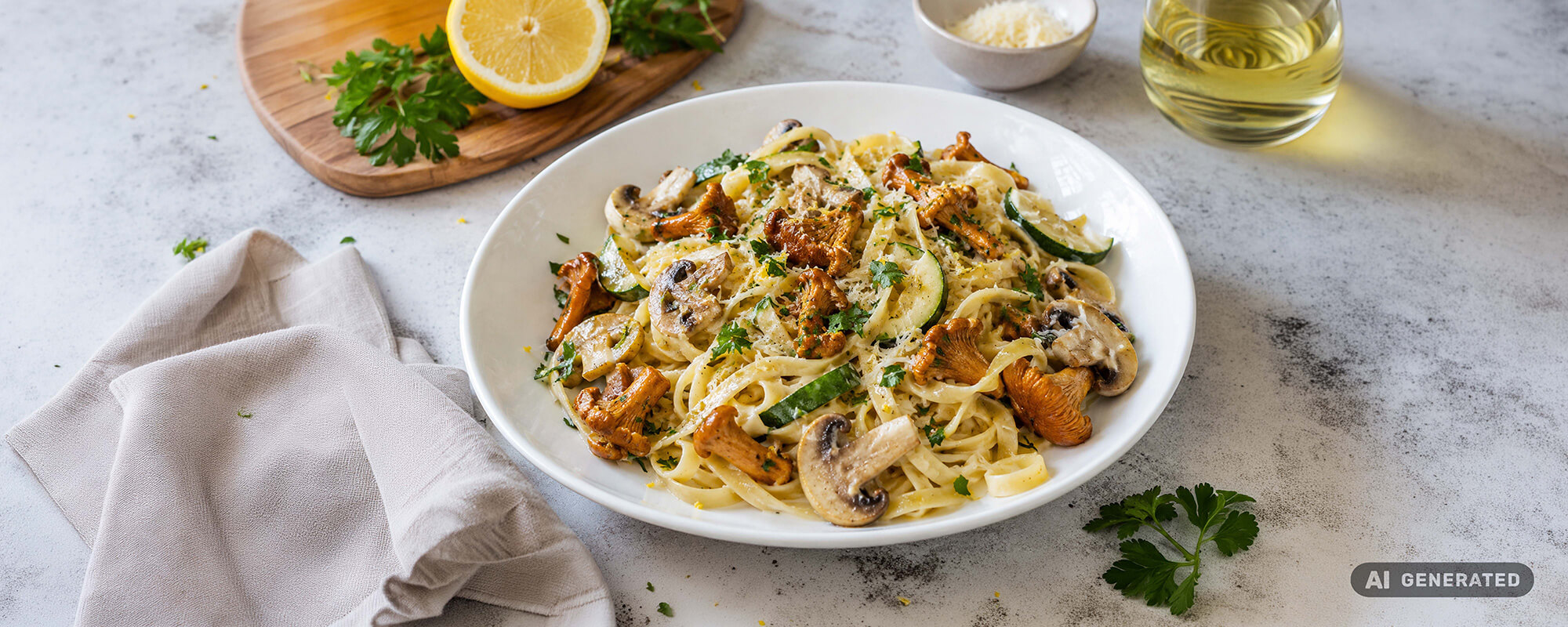 Leichte Pilzpfanne mit Pfifferlingen, Zucchini und cremiger Zitronen-Parmesan-Sauce