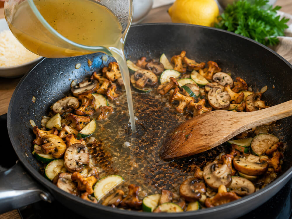 Zubereitung einer Pilzpfanne mit Pfifferlingen, Champignons und Zucchini