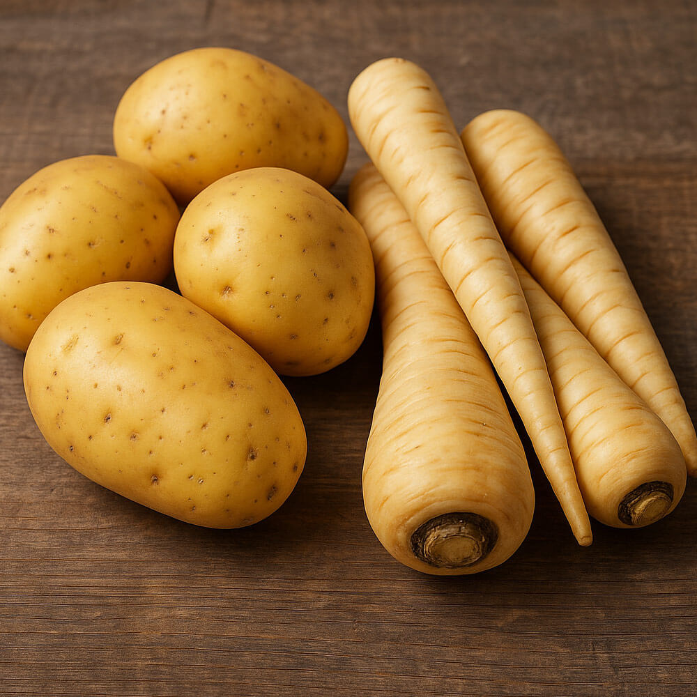 Frische Kartoffeln und Pastinaken – Zutaten für herbstliches Kartoffel-Pastinaken-Gratin für 4 Personen