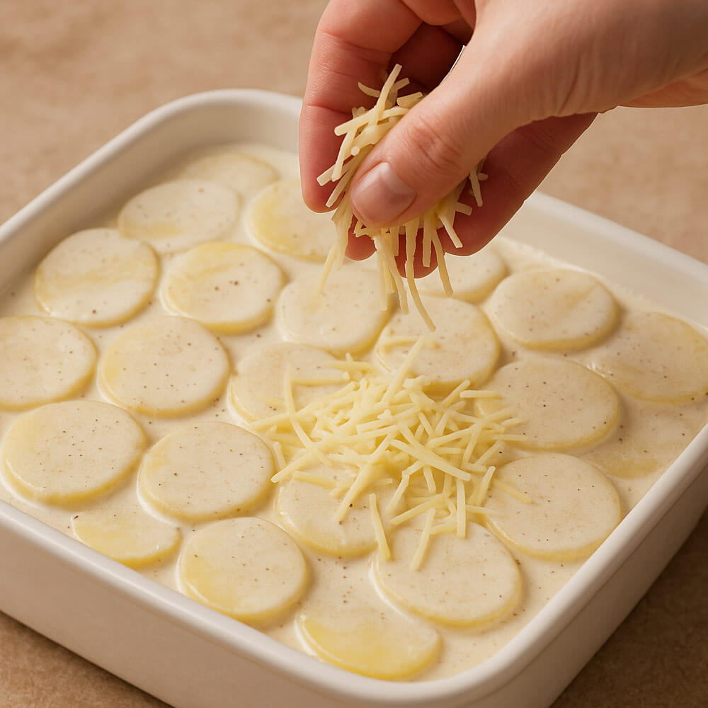 Geriebener Käse wird über Kartoffel- und Pastinakenscheiben geschichtet – cremiges Gratin im Ofen