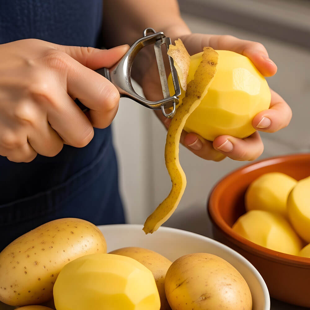 Kartoffeln schälen mit Küchenhelfer – Vorbereitung für cremiges Kartoffel-Pastinaken-Gratin