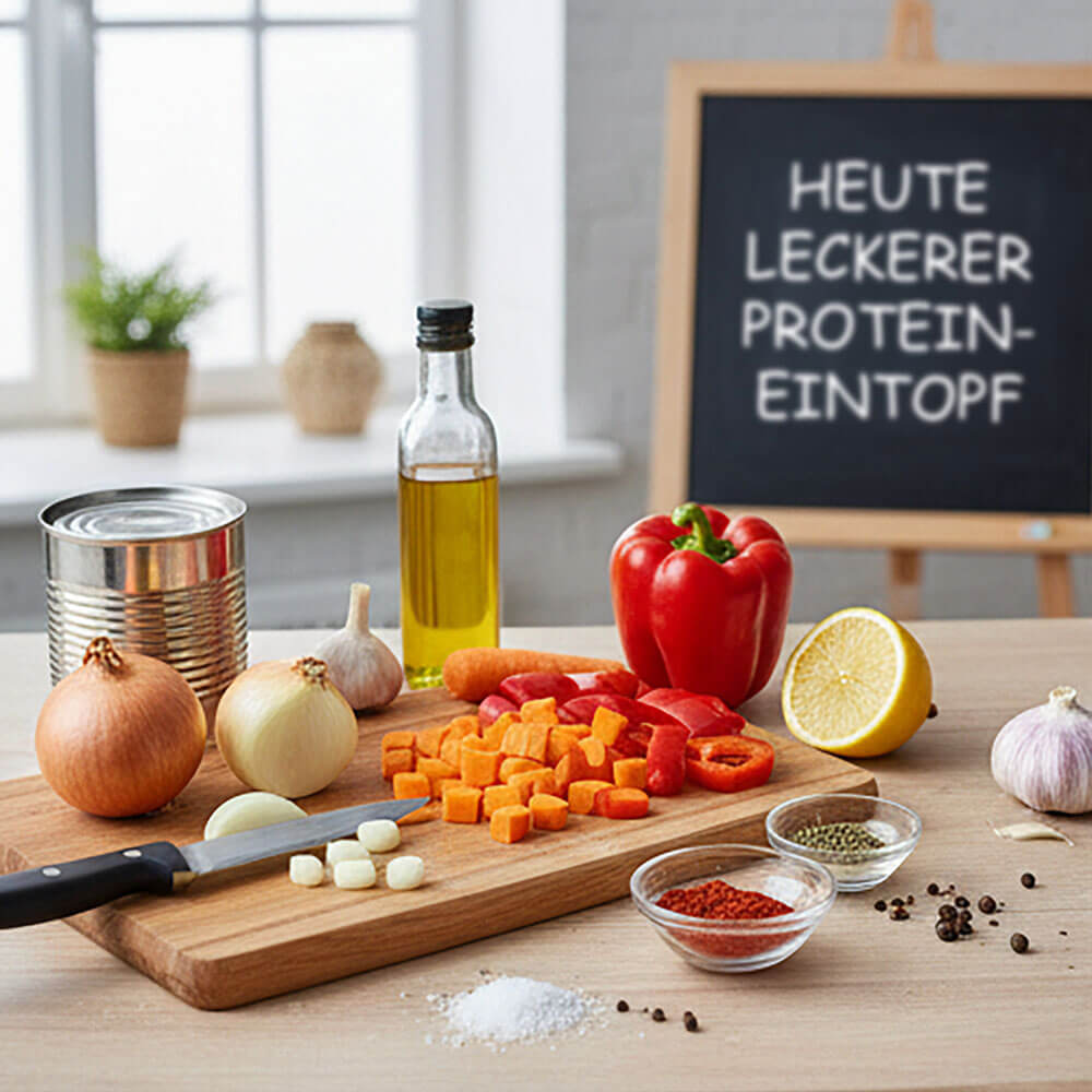 Protein-Eintopf mit weißen Bohnen – frisches Gemüse, Karotten, Paprika und Zwiebeln auf Holzbrett mit Dosentomaten und Gewürzen