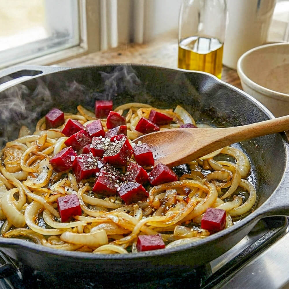 Servierfertiges Rote-Bete-Pfanne Rezept mit Kräutern und Feta als warmes, alltagstaugliches Gemüsegericht.