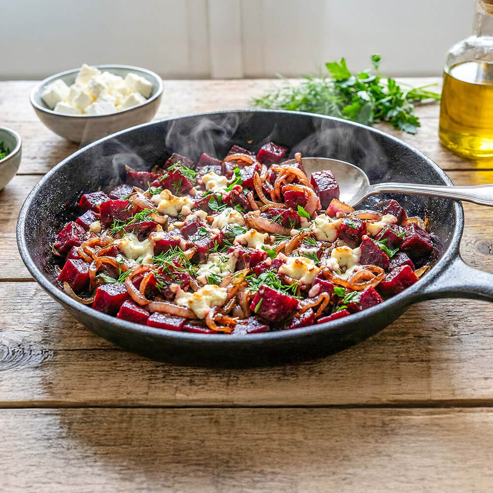 Teaser zum Rote-Bete-Pfanne Rezept: warmes Pfannengericht mit Zwiebeln und Feta, einfach und vegetarisch.