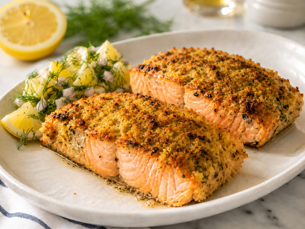 Lachsfilet mit goldbrauner Knusperkruste auf hellem Teller