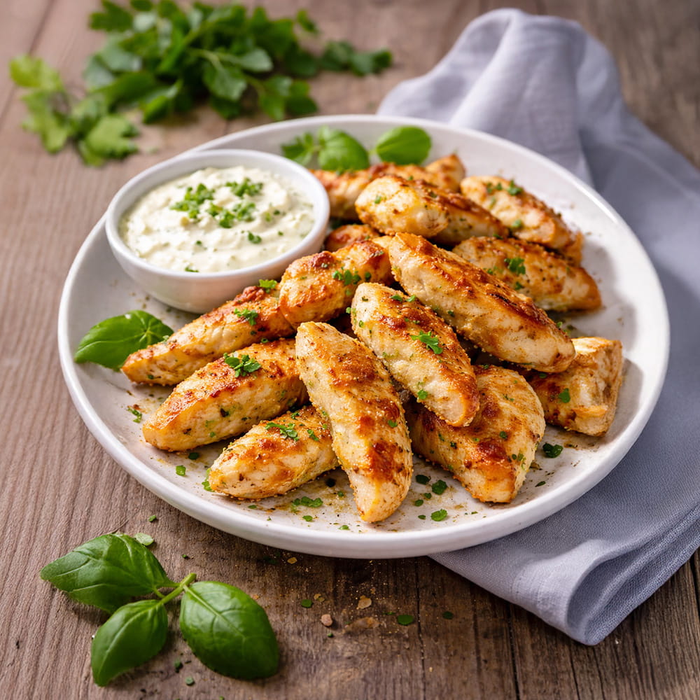 Goldbraun gebratene Hähnchenstreifen aus der Pfanne mit Knoblauch-Joghurtdip und frischen Kräutern.