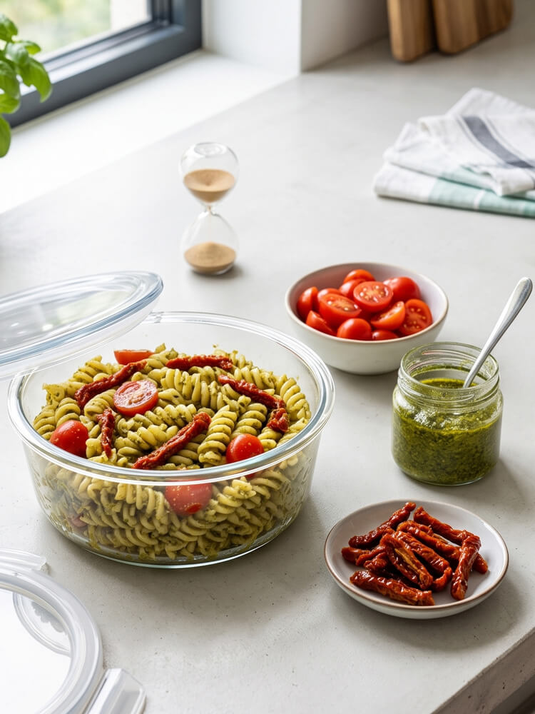 Sommerlicher Nudelsalat mit Pesto, Fusilli, Cherrytomaten und getrockneten Tomaten in einer Glasschüssel