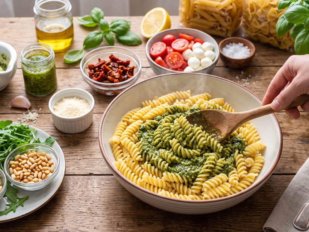 Gekochte Pasta in einer Schüssel als Grundlage für sommerlichen Nudelsalat