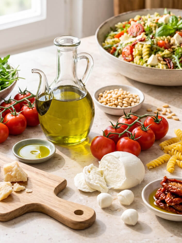 Grünes Pesto wird mit Olivenöl und Zitronensaft für einen Nudelsalat verrührt