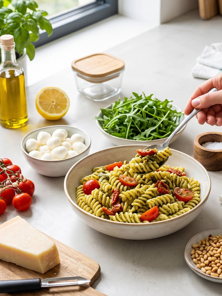 Pesto-Nudelsalat mit Fusilli, Cherrytomaten und getrockneten Tomaten wird mit Rucola, Mozzarella und Pinienkernen serviert