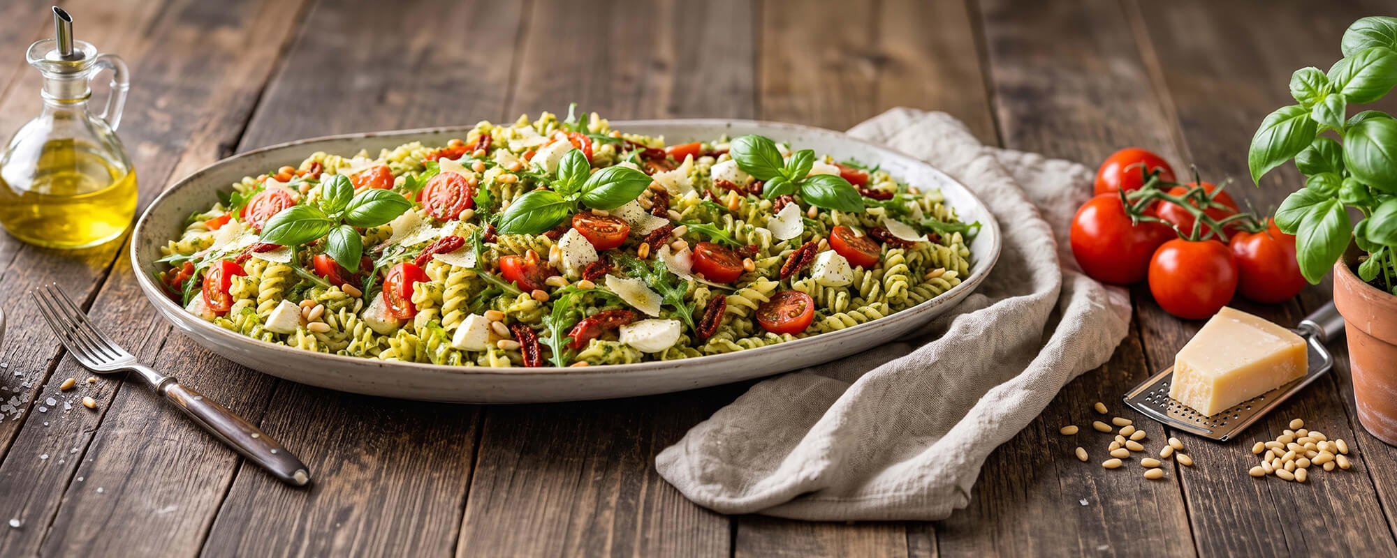 Sommerlicher Nudelsalat mit Pesto, Tomaten, Mozzarella, Parmesan und Rucola in einer Schale